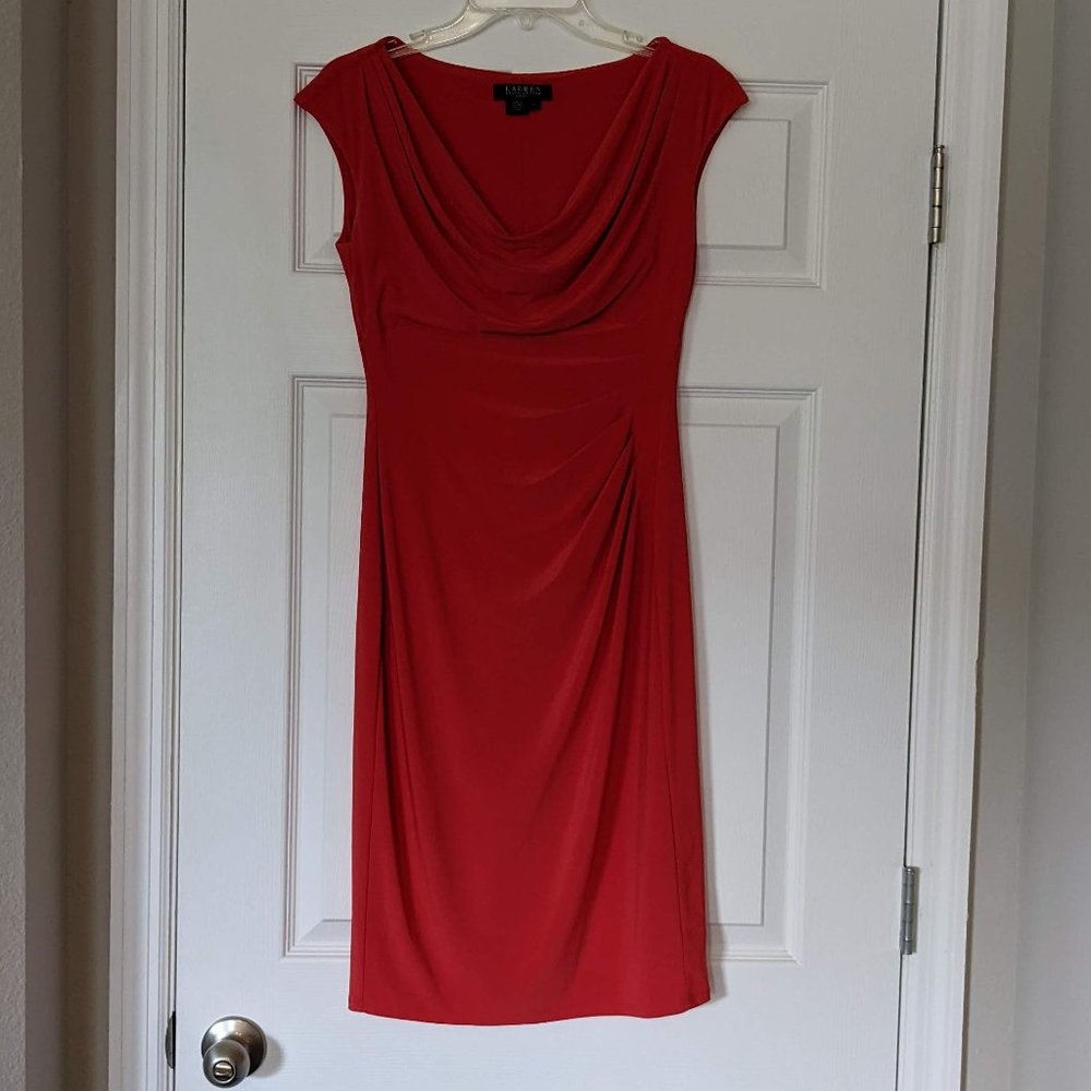 LAUREN Ralph Lauren Slimming Red Sheath Stretch Dress Draped Cowl Neck Size 4